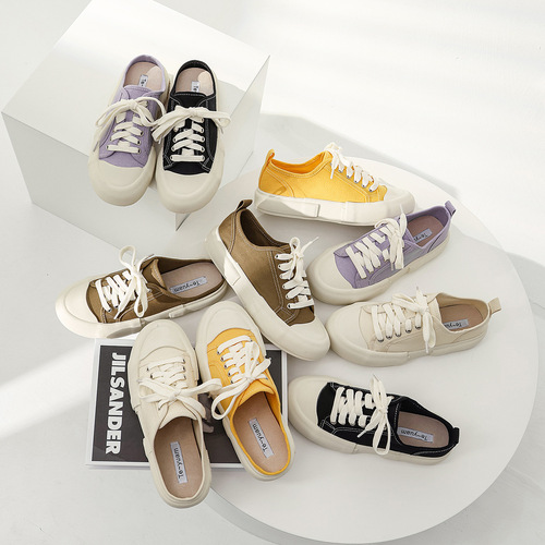 Niche canvas shoes women's shoes thick-soled low-top  spring new style single shoes lace-up sneakers college style white shoes