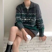 韩版慵懒风软糯翻领拉链秋冬宽松费尔岛提花开衫毛衣针织衫外套女