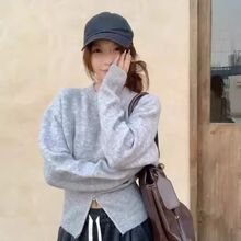 感灰色半高领针织打底衫女秋冬季新款小立领毛衣收腰开叉上衣