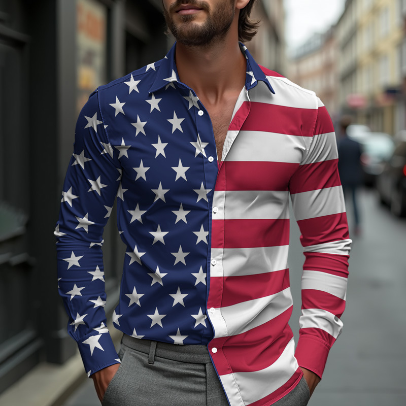 Cross-Border Men's Hawaiian Shirt Single-Breasted Lapel New Independence Day Flag Print 2025 Lightweight Fashion