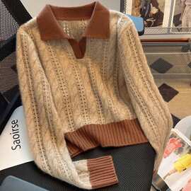 秋冬新款女装针织衫POLO领复古套头上衣慵懒风毛衣宽松外搭打底衫