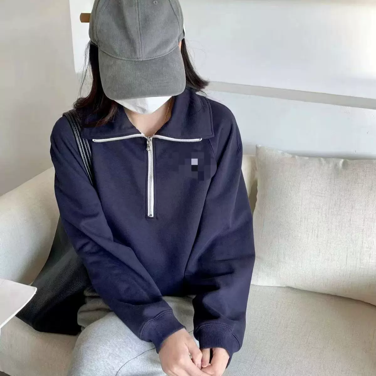 现货韩国潮牌韩国代购卫衣刘亚仁同款翻领半拉链短款时尚高腰卫衣