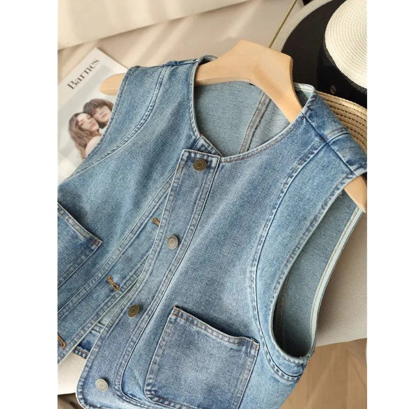 Fashionable and Western-style All-match Stacked-on Denim Vest Women's Spring and Summer New Loose Short Sleeveless Jacket for Small Women Casual