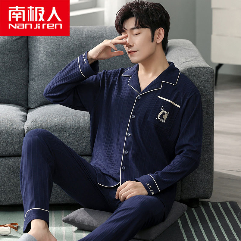 Pijamas de los hombres manga larga 100% algodón primavera, otoño e invierno algodón flojo más tamaño traje desgaste del hogar