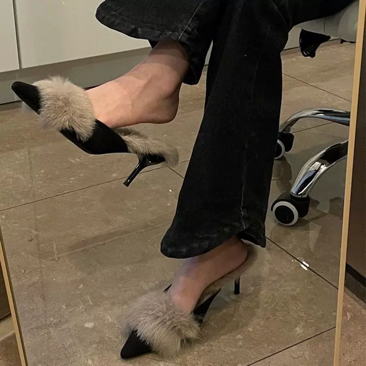 浅口包头拖鞋晚风纯色秋季2024尖头高跟鞋女韩版现货防滑鞋晚气质