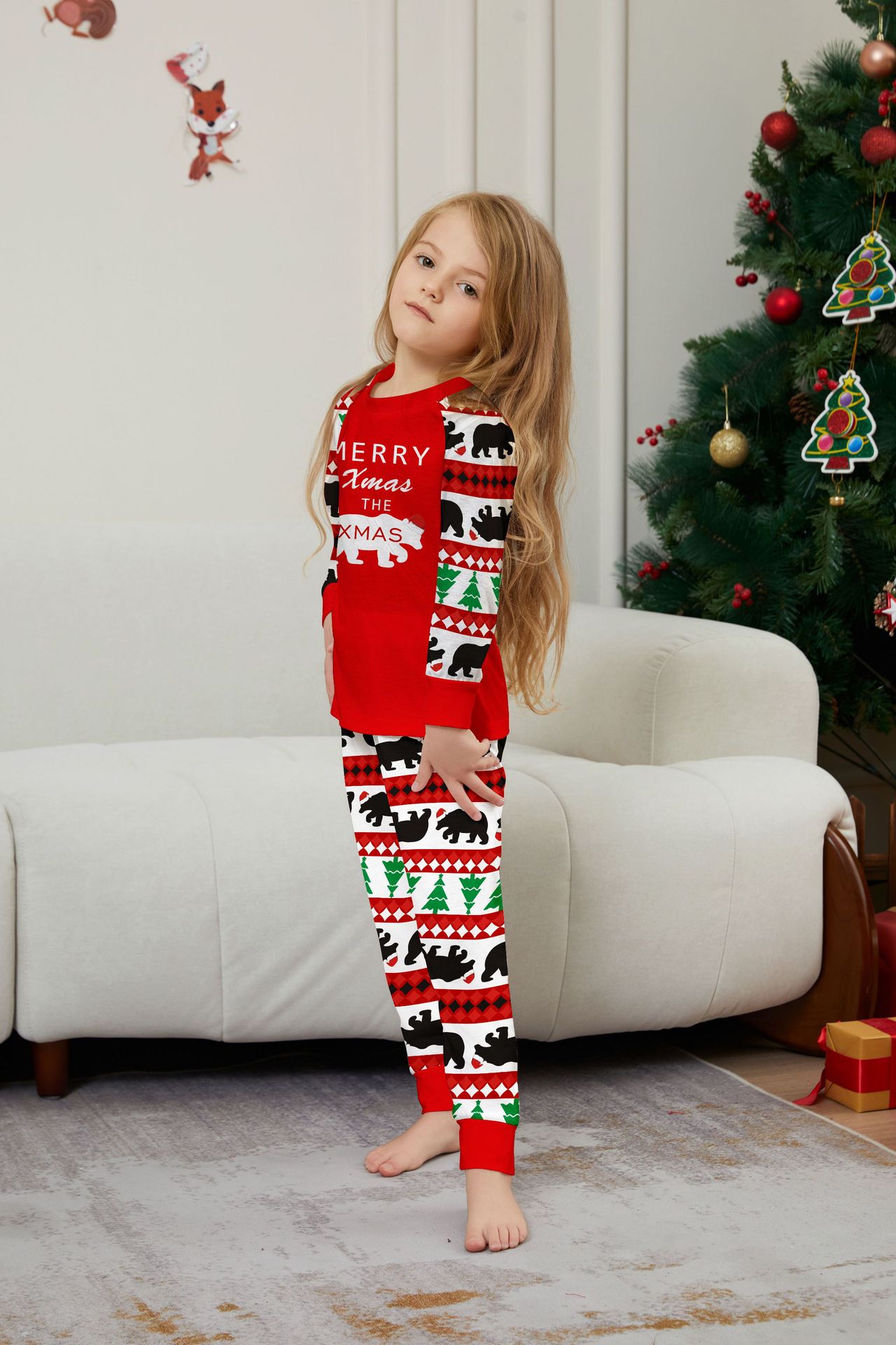 Christmas tree Bear letter stripes Christmas family dress printed home wear_voghion.com