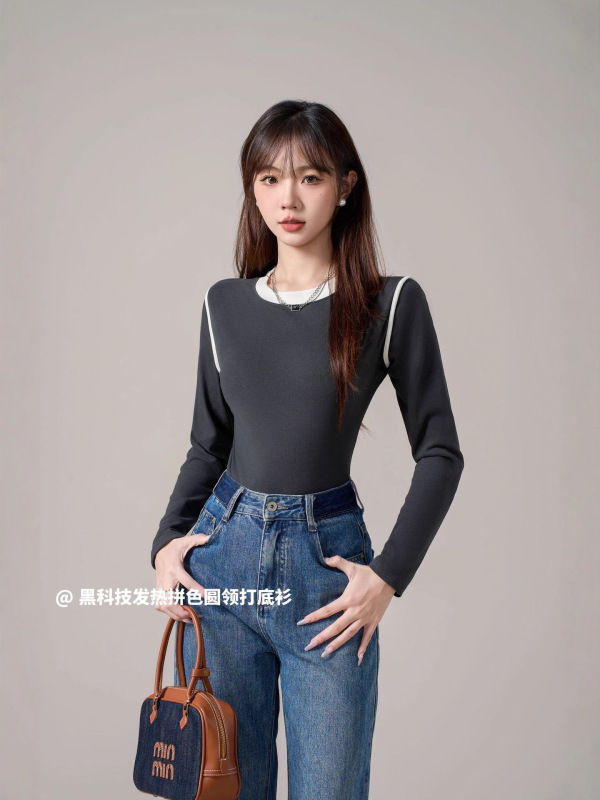 简约舒适复古气质纯色圆领长袖女春秋休闲显瘦文艺内搭打底衫女|undefined