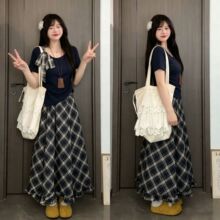 大码胖MM不规则斜肩短袖系带上衣格纹半身裙女套装2026夏季新款潮
