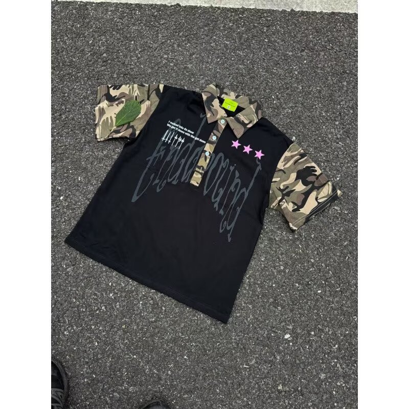 Men's Clothing Men's Hip Hop Camouflage Patchwork Collared Short Sleeve T-Shirt Trendy Streetwear Loose Fit Casual Five Quarter Sleeve For Couples_viptrois.com