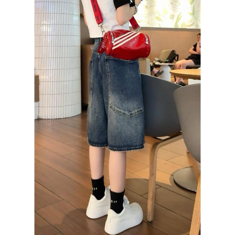 Aimeerosa/Ai Luosa Summer American Retro Style Large Pocket Denim Shorts for Women, Slimming Balloon Wide-Leg Pants