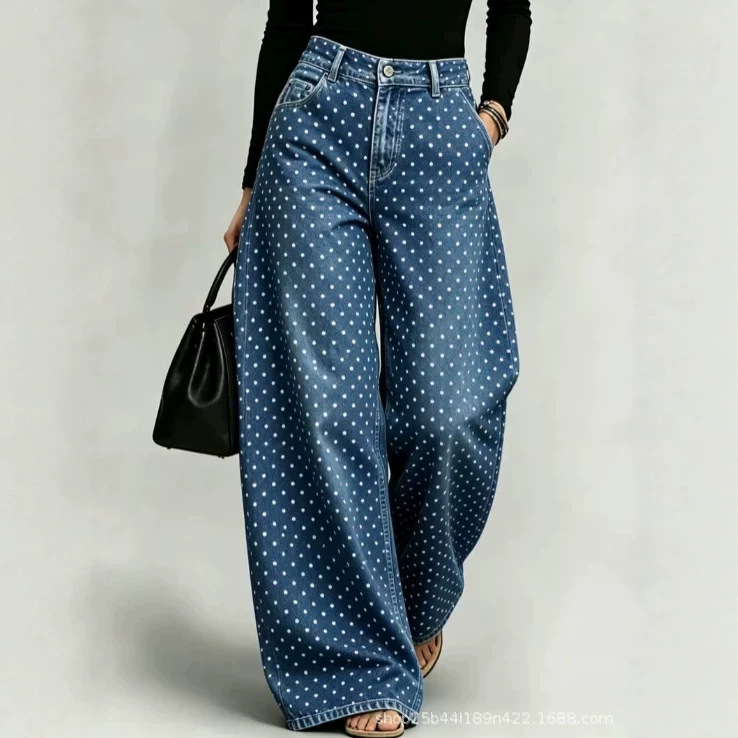 2026 European and American style women's high-waisted polka dot print wide-leg jeans