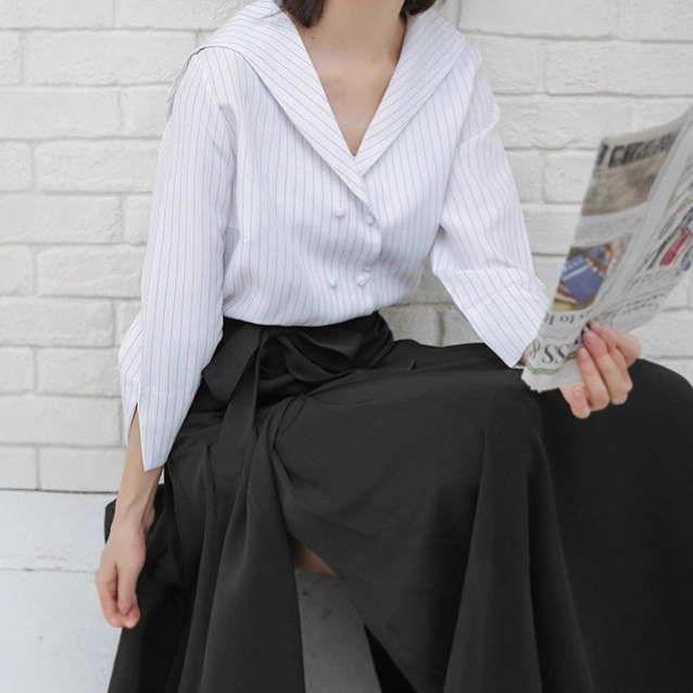 Actual Shot of Summer New Navy Style Shawl Collar Striped Shirt Blue One Size Solid Color Splicing Sleeveless