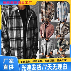 クロスボーダーwishアマゾンの新しい男性カーディガンの手でベルベットの格子ポケット長袖シャツメーカーを販売しています