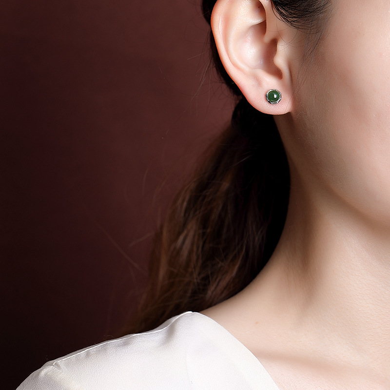 Khuyên tai nữ bạc S925 đá ngọc bích và jasper hạt tròn cắt nhỏ thanh lịch — Một cặp