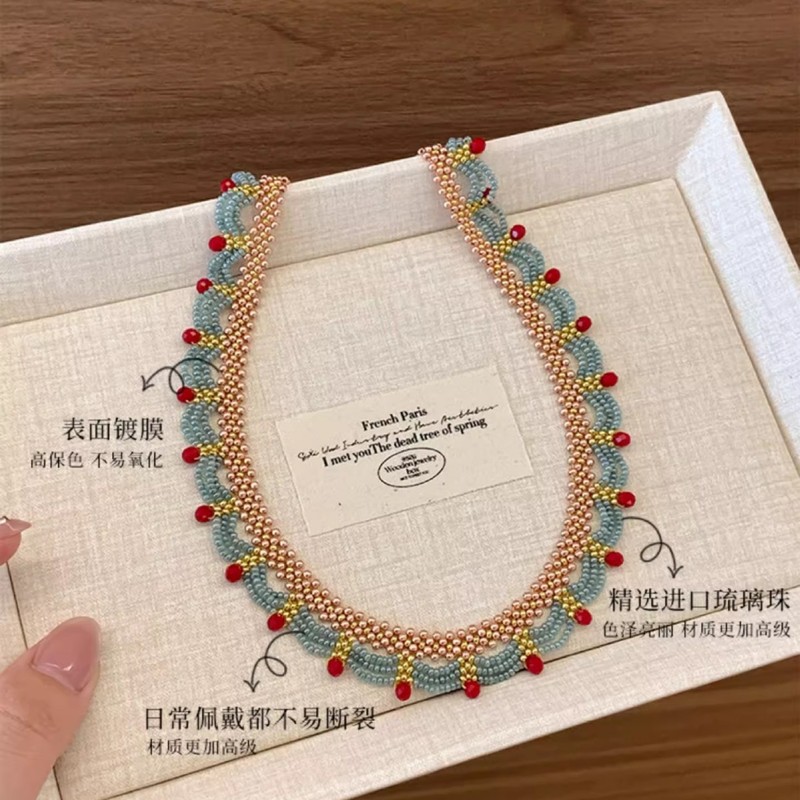 2025新款复古红蓝撞色串珠choker新中式古着项链女国风锁骨链颈链|undefined