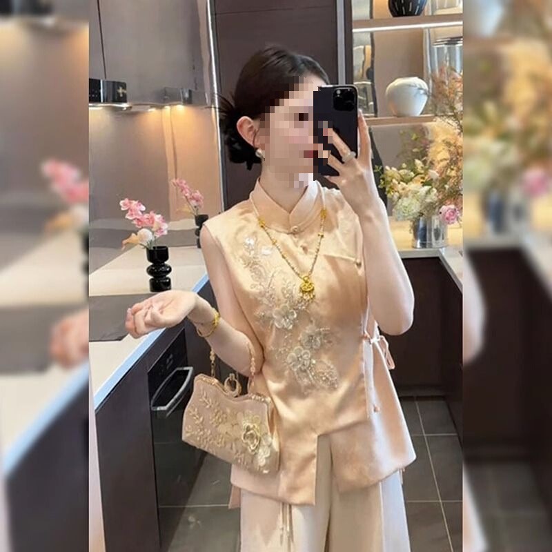 夏季洋气一整套女新中式改良旗袍无袖上衣阔腿裤子感时尚套装|undefined