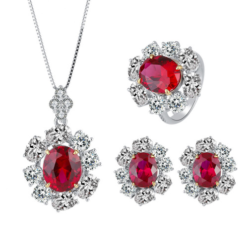 Zhuang Sheng Sheng Jewelry S925 solid silver jewelry set with simulated sapphire, oval ring, earring, pendant set of three