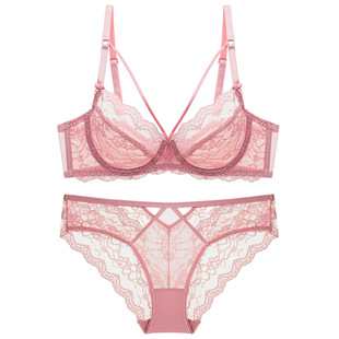 European and American Cross-Border Sexy Underwear French Ultra-Thin Transparent Lace Bra Big Breasts Showing Small Anti-Sagging Large Size Bra