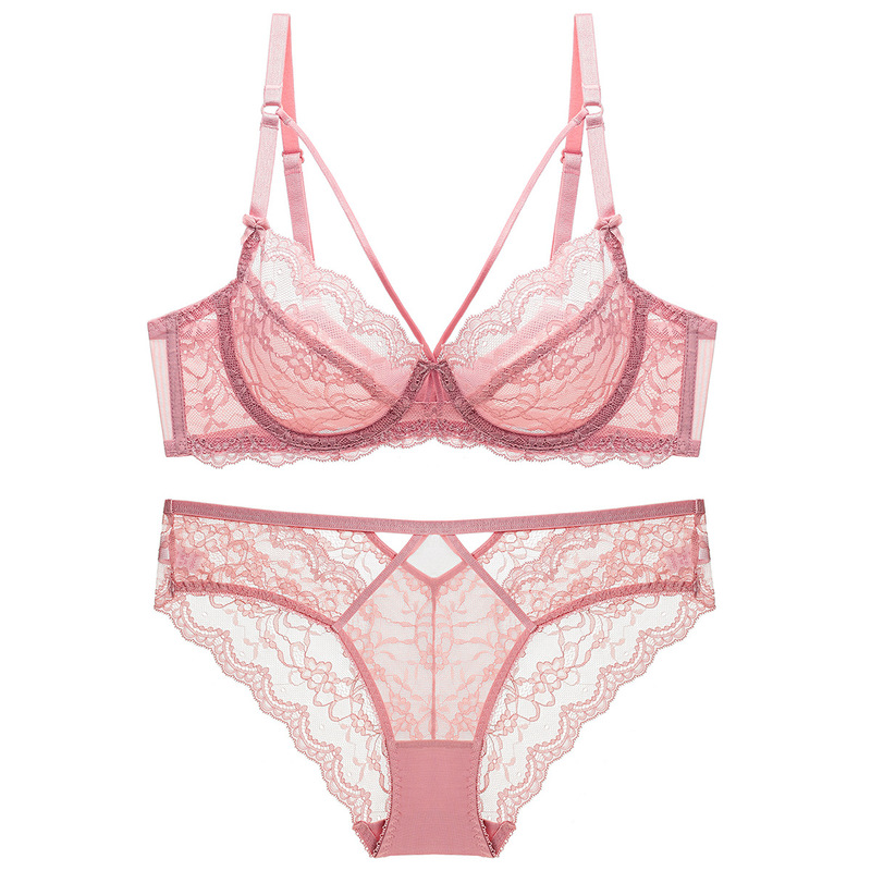 European and American Cross-Border Sexy Underwear French Ultra-Thin Transparent Lace Bra Big Breasts Showing Small Anti-Sagging Large Size Bra