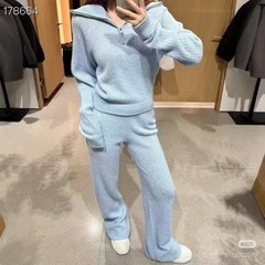 25 春薄型スポーツワッフル無地スタンドカラージッパーニットトップ + ワイドレッグパンツカジュアルスーツ女性のための