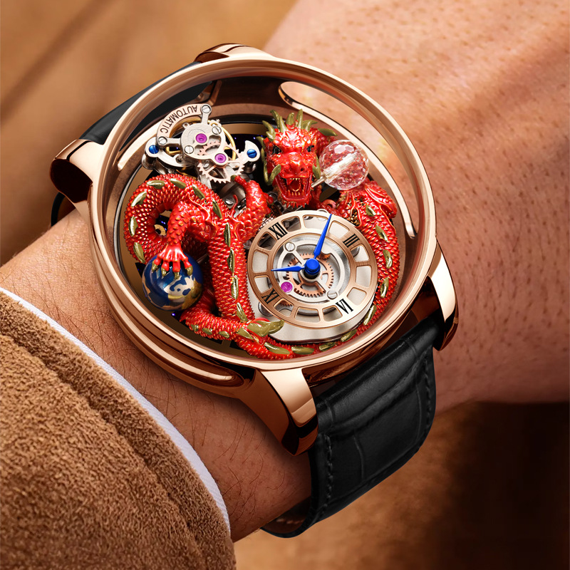 Đồng hồ nam automatic lộ máy chống nước dây thép không gỉ — Hồng Lục Long Lục Bì, Hồng xanh da rồng màu xanh da, Hồng Lục Long Hắc Bì, Hoa Hồng Green Dragon Net Belt