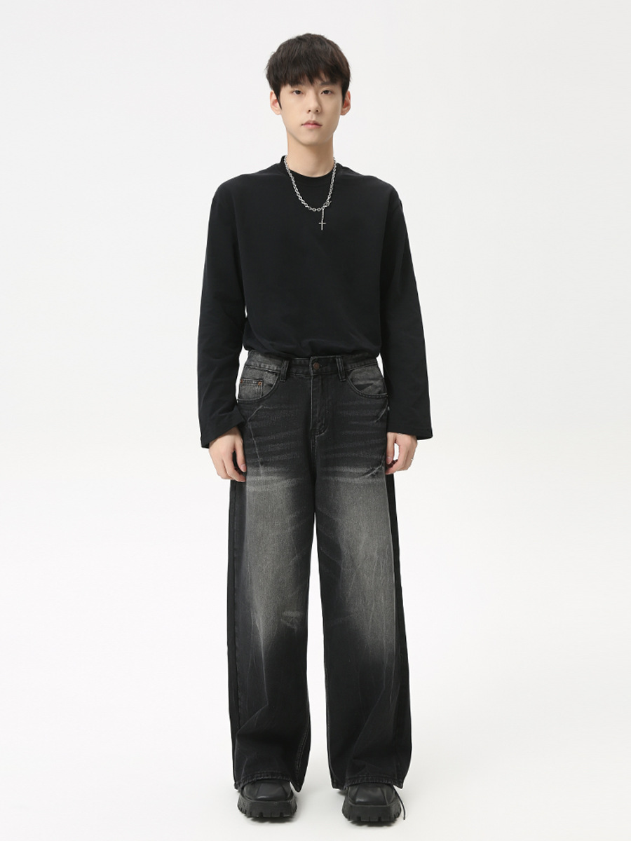 Ropa para hombre MTLCLOTHES | Vaqueros negros y grises de estilo retro americano, lavados, de pierna recta, holgados, para ir al trabajo.