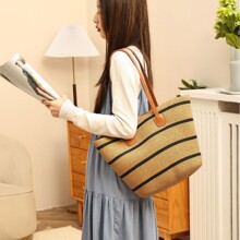 2026年夏季跨境新款女包高品质大容量单肩条纹草编包广州货源批发