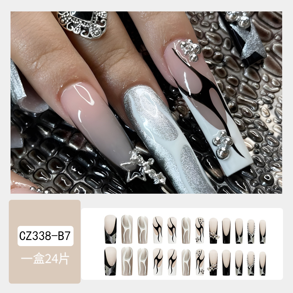Uñas postizas europeas y americanas de larga duración, estilo francés en blanco y negro, con cadena de cuentas plateadas y estrellas, pegatinas para uñas. image 3