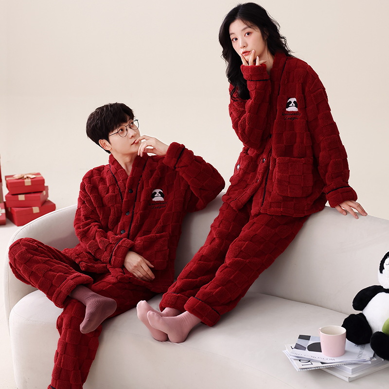 Coral polar pareja pijamas de invierno de las mujeres de manga larga kimono japonés con cuello en V estilo coreano de dibujos animados lindo traje de homewear de los hombres