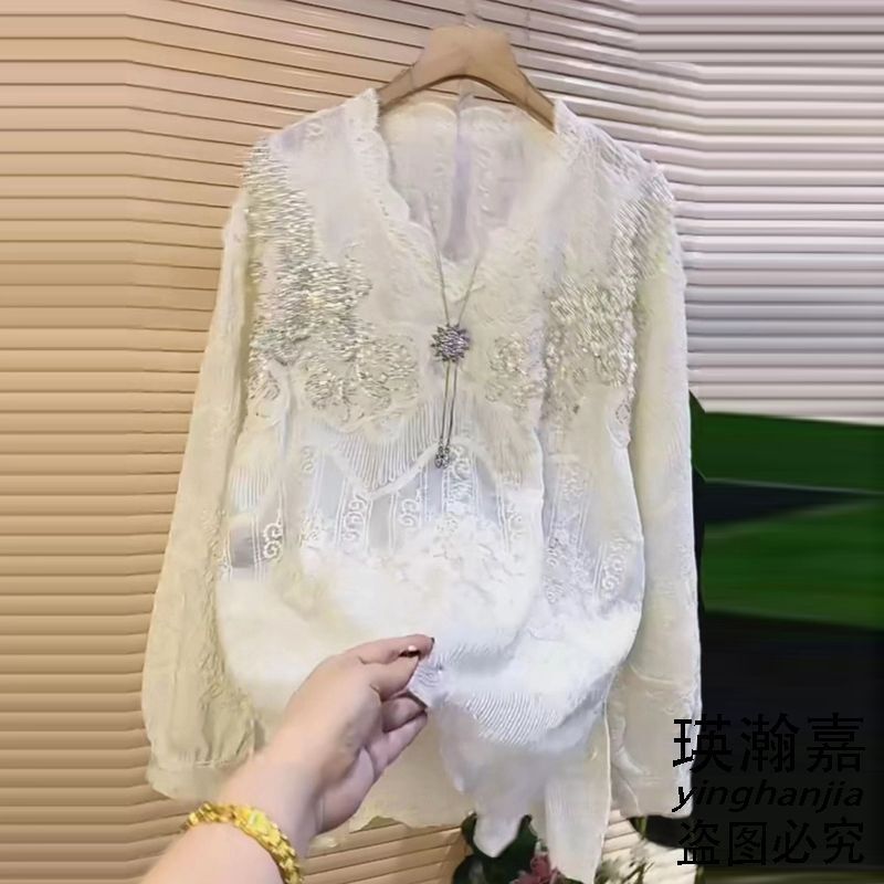 European Fashion Plus-Size Women's Loose Lace Shirt Autumn and Winter New Style for Chubby Girls Heavily Beaded Base Shirt Top