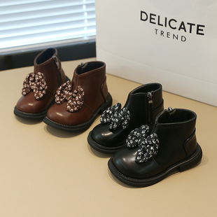 2024 Winter New girls' bow Princess boots Korean style fleece-lined low-cut short boots children's warm cotton boots