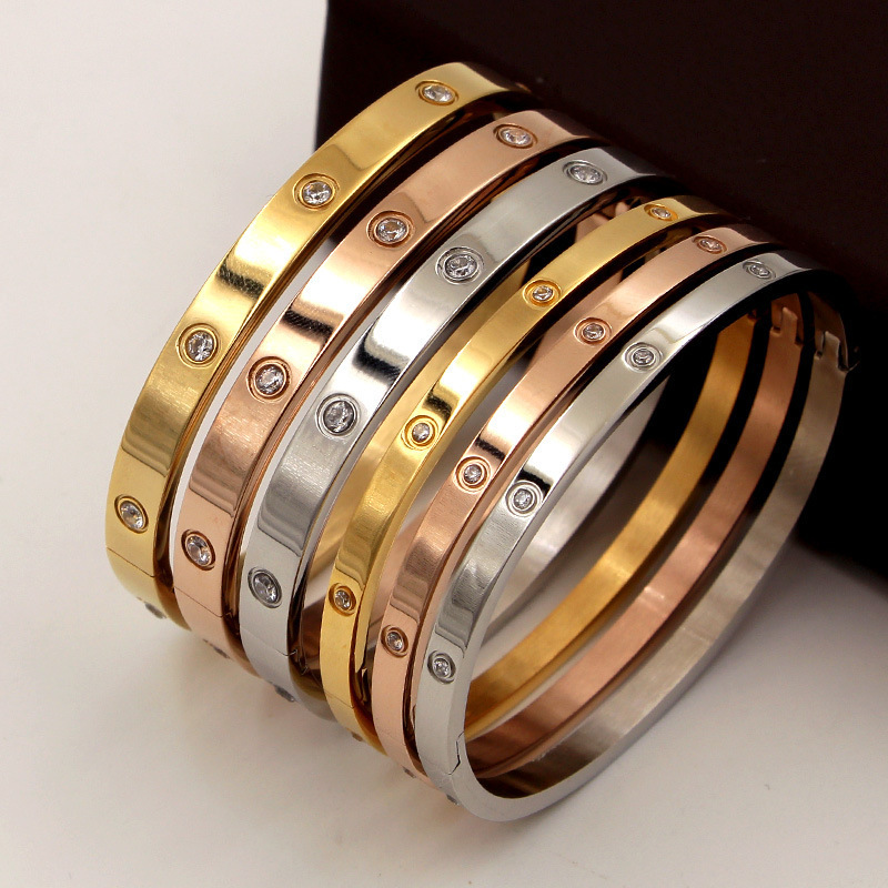 Cross-border titanium steel bracelet with diamond accents, narrow 4mm design, 18K rose gold, non-fading, suitable for couples Cross-border titanium steel bracelet with diamond accents, narrow 4mm design, 18K rose gold, non-fading, suitable for couples
