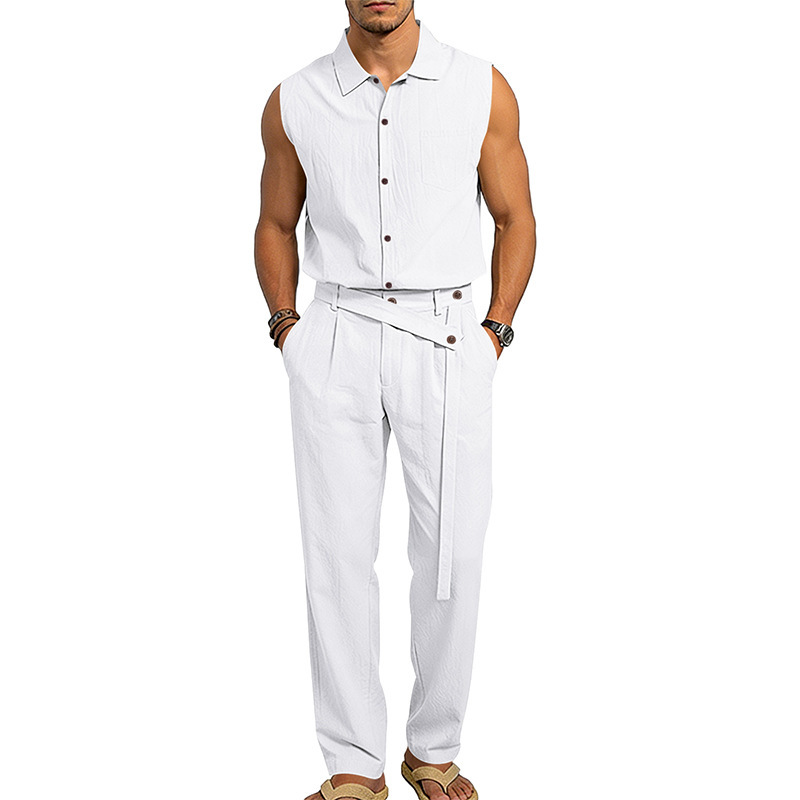 Men's Linen Blend Short Sleeve Shirt And Pants Set Breathable Casual Summer Outfit Comfortable Relaxed Fit_viptrois.com