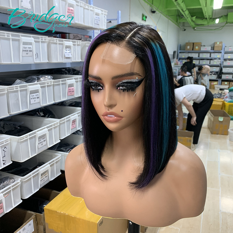 Parrucca con chiusura BOB blu e viola 2*6kim parrucca con capelli veri parrucca con capelli umani_voghion.com