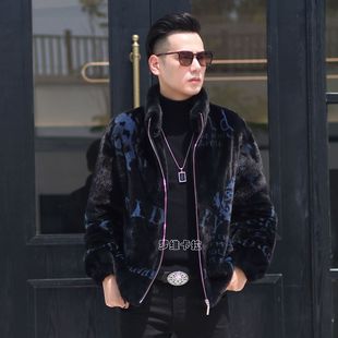 Printed Letter Men's Mink Fur Coat with Vertical Collar Mink Fur Coat Casual Fashion Atmospheric Warm