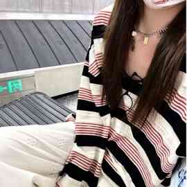 浆果汽水 原创美式上衣轻薄秋宽松红色条纹长袖女恤