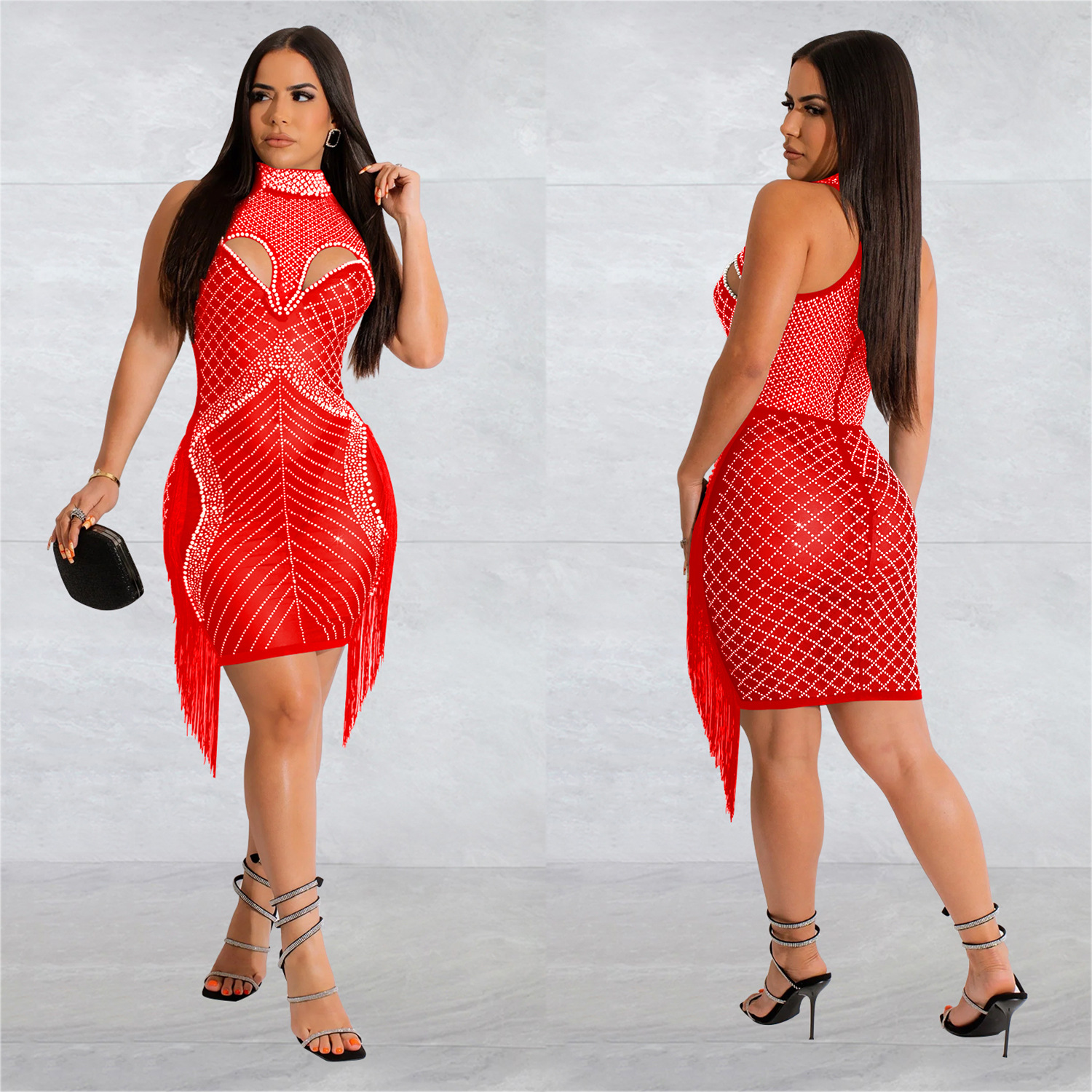 C6353 transfronteriza AliExpress Amazon europeo y americano moda mujer color sólido malla rhinestone temperamento falda vestido