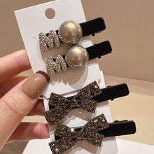 轻奢复古丝绒蝴蝶结发夹小香风灰色发根水钻高级刘海夹一字夹边