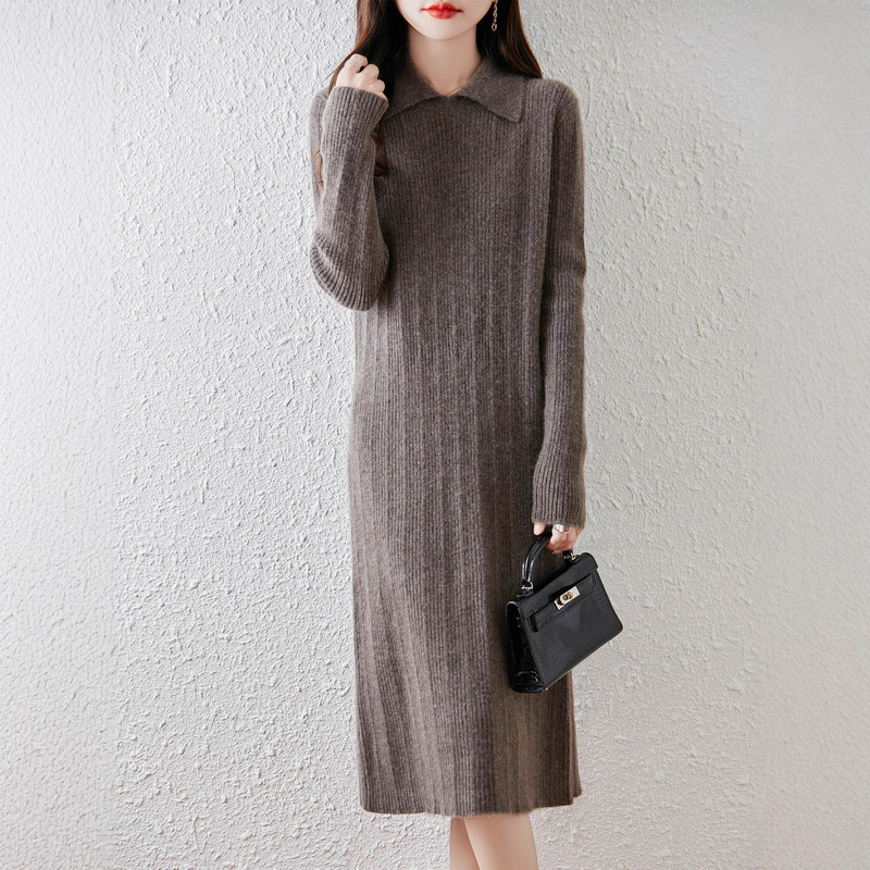 Autumn and Winter Long Ribbed Wool Dress for Women, Polo Collar, Elongated Neck, Knitted Sweater Dress, Slimming Look Inner Wear