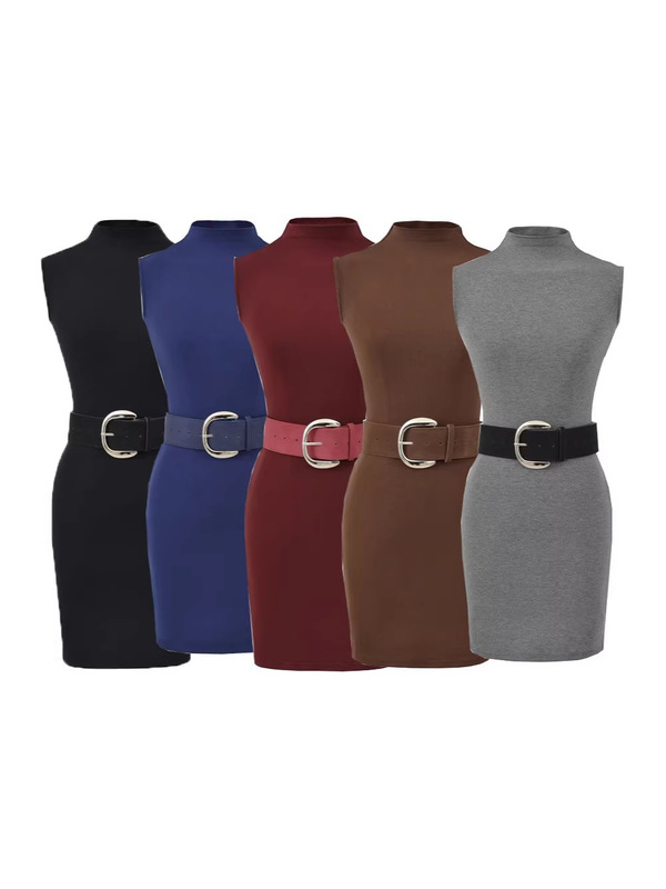 Sleeveless Half-High Collar Tight-Fitting Dress with Belt for Women, Retro Niche Style, Slim Fit, Elegant, Bodycon Short Dress