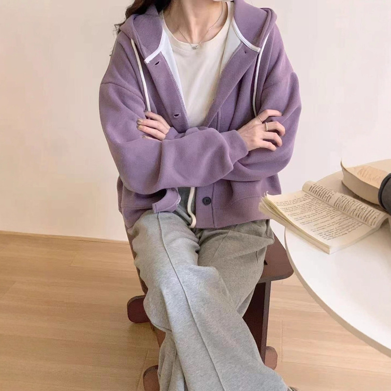 日系慵懒风高级感连帽卫衣女秋冬大码宽松300斤小个子短款外套潮|undefined