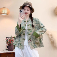古咖服饰秋季新款文艺盘扣衬衫长袖拼接短外套女复古气质印花上衣