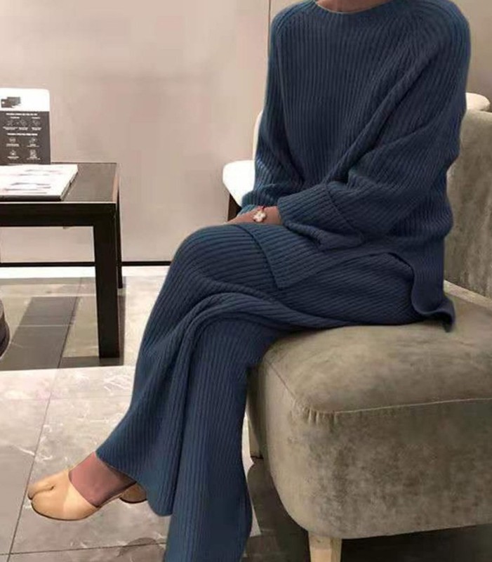 欧美女装2024秋冬亚马逊热卖长袖纯色针织休闲两件套毛衣欧美风|undefined