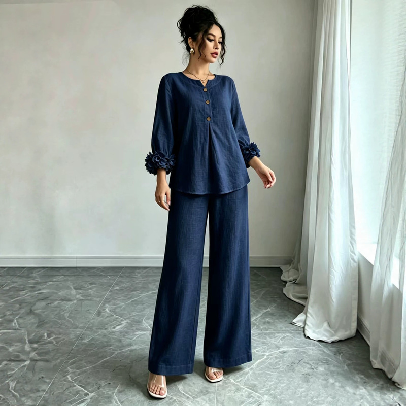European and American Cross-Border New Style Round-Neck Top with Three-Dimensional Floral Cuffs and Loose Casual Wide-Leg Pants Set