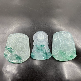 平价玉器 冰种白底青飘花巴山翠玉山水牌子 龙戏珠 大观音吊坠