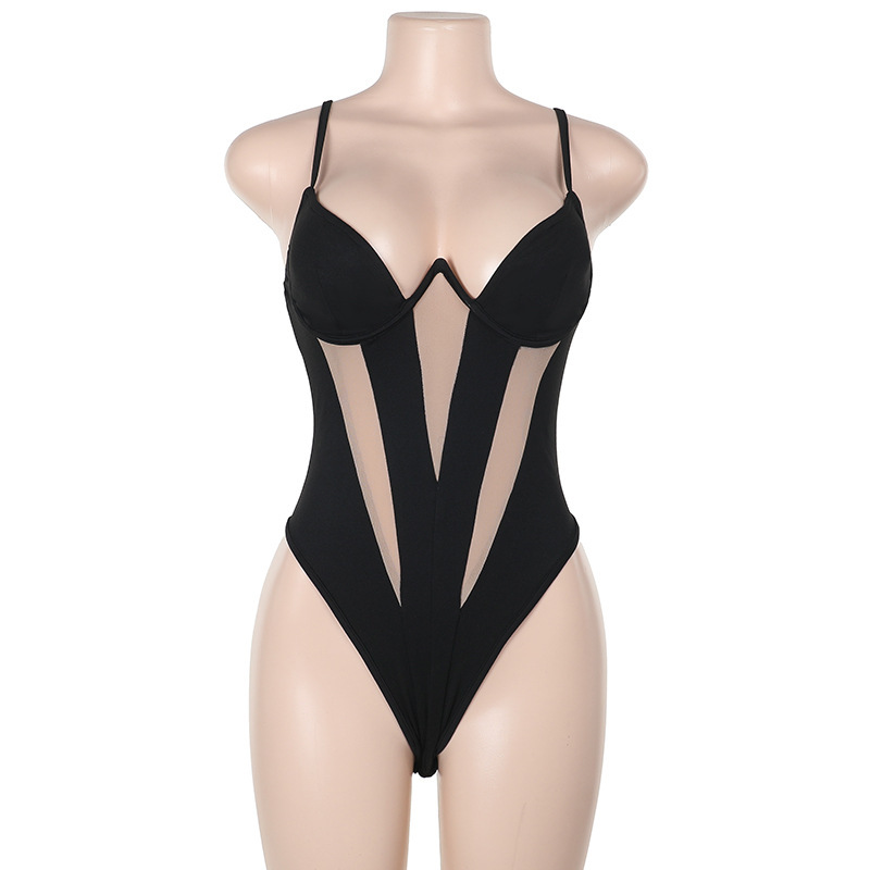 Nuevo modelo 2025, estilo europeo y americano, body sexy negro con tirantes finos y patchwork hueco para mujer. image 7