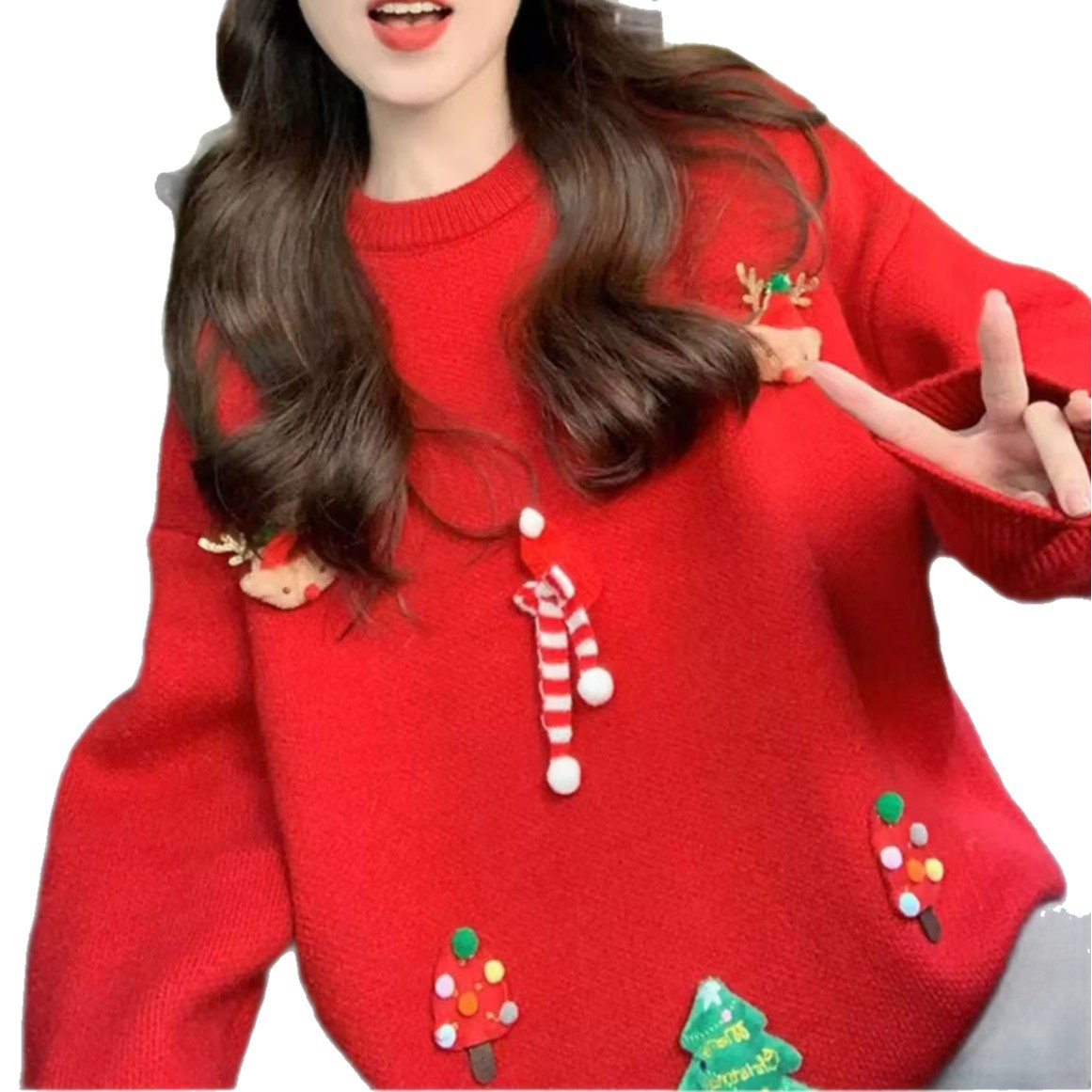 Suéter rojo perezoso para mujeres 2025 Navidad otoño y invierno nueva ropa de mujer casual versátil camiseta de punto de cuello redondo image 6