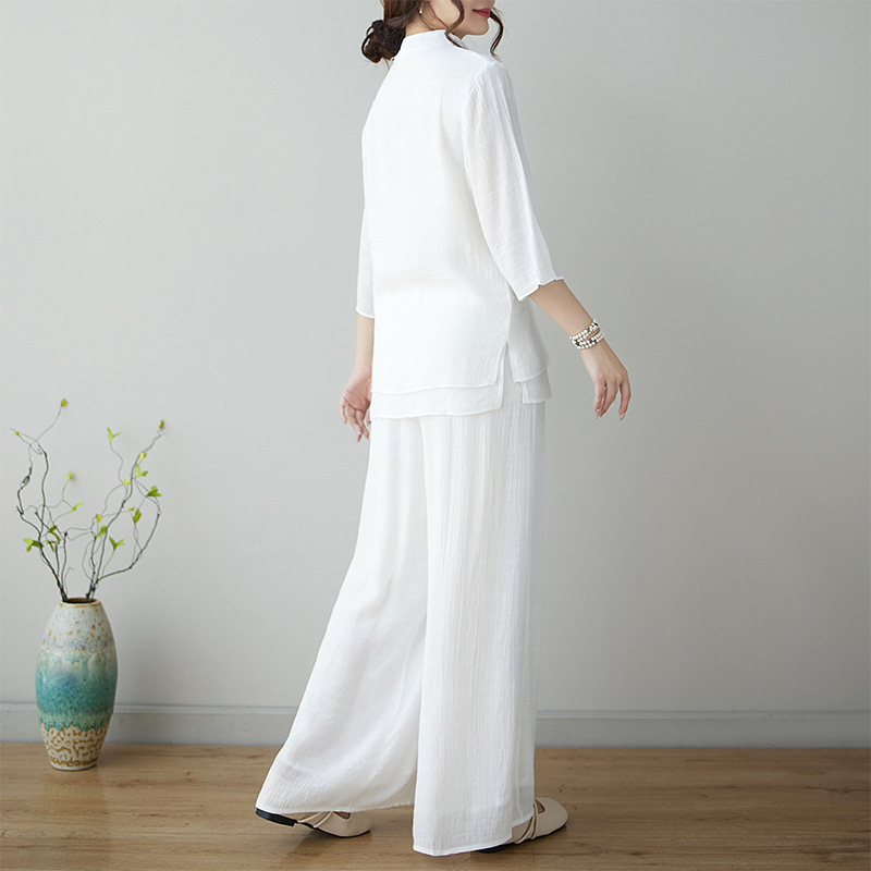 新しい夏の新しいエスニックスタイルの禅瞑想トレーニング服ツーピースセット中国風ヨガヒーリング服瞑想茶服|undefined
