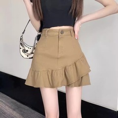 卡其色荷叶边半身裙夏季高腰a字版牛仔短裙女半裙设计感小众裙子