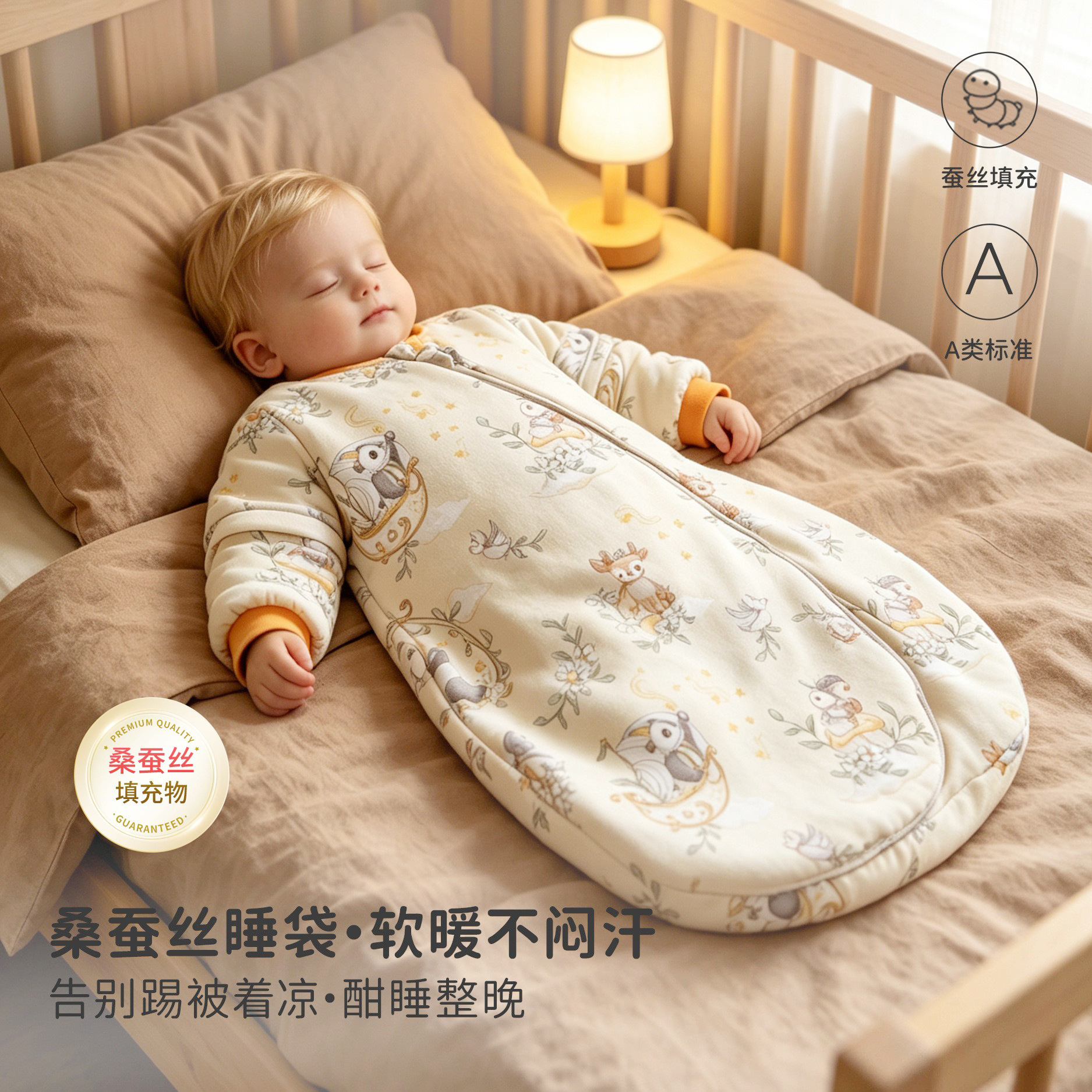 Bibibay silk sleeping bag for babies, pure cotton, Class A, spring and autumn model, integrated anti-startle and anti-kick blanket for newborns